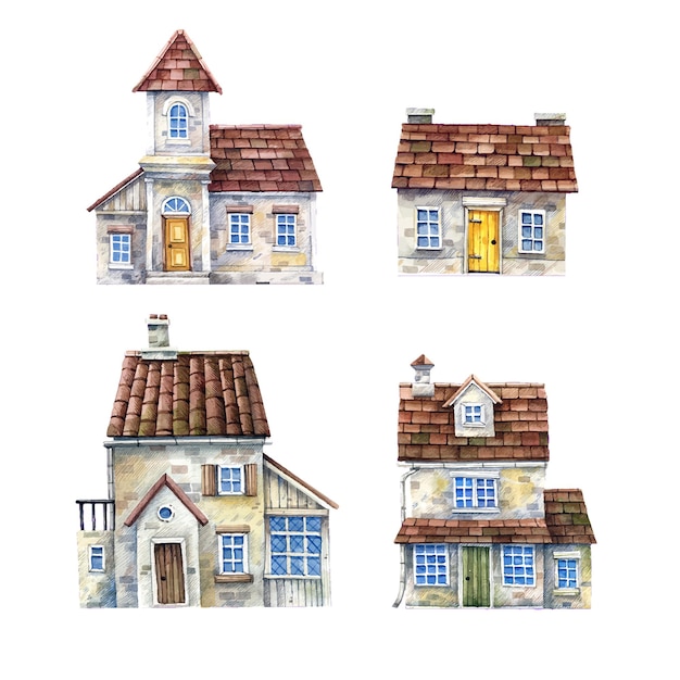 Vector colección de casas rurales dibujadas a mano en acuarela en estilo vintage ilustración acuarela
