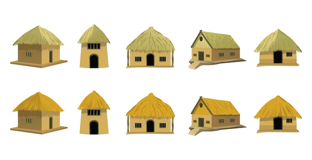 Vector colección de casas tradicionales de estilo africano, bungalow con techo de paja ilustración vectorial.