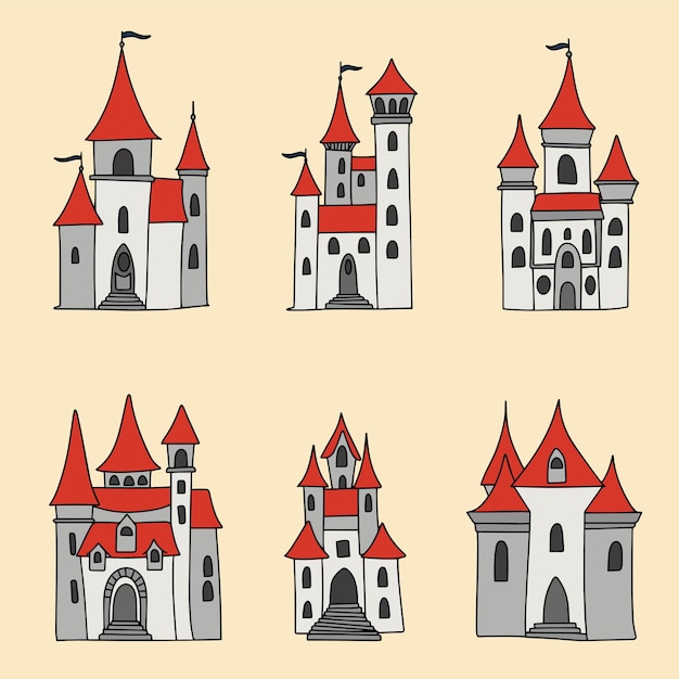 Colección de castillos contorno coloreado Castillo dibujado a mano en estilo doodle aislado sobre fondo blanco