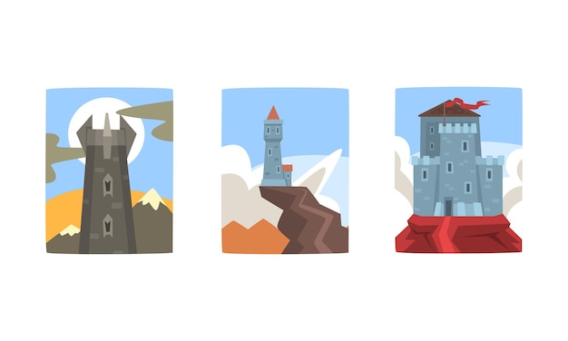 Vector colección de castillos y torres de piedra medievales edificios antiguos en verano naturaleza paisaje ilustración vectorial