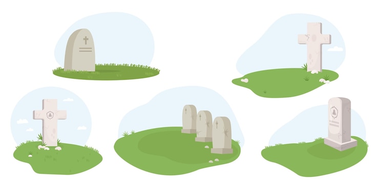 Vector colección de cementerios de tumbas cruces lápidas tumbas de piedra tumbas en hierba ilustración vectorial aislada