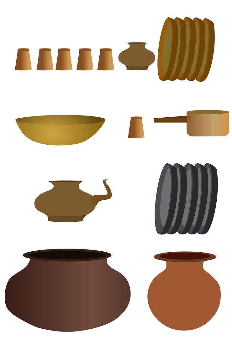 Vector una colección de cerámica y ollas con un fondo blanco