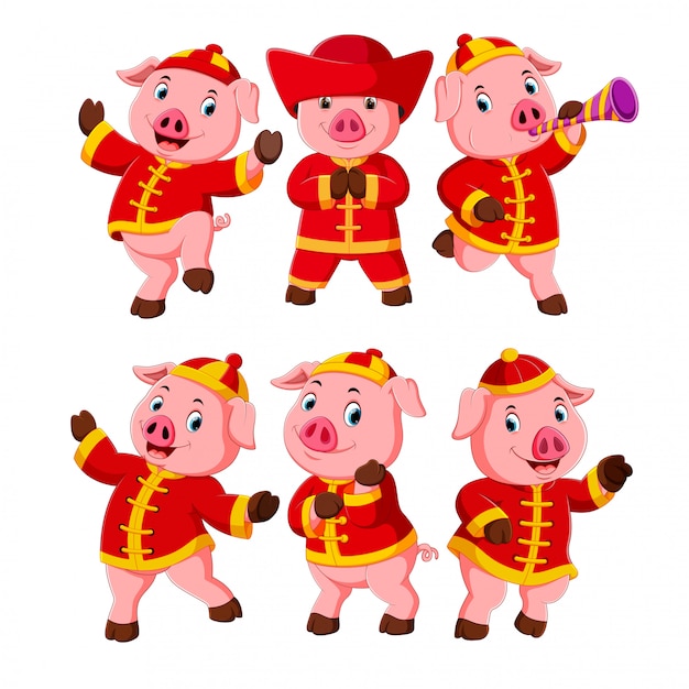 una colección de unos cerditos rosados usa un disfraz de año nuevo chino