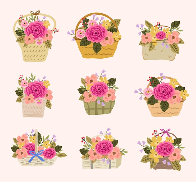 Una colección de cestas con flores en diferentes colores.