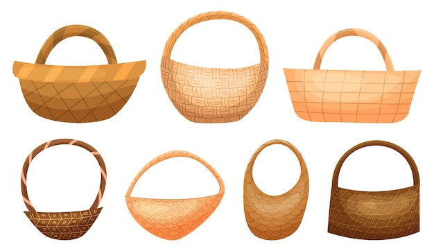 Colección de cestas de mimbre Cestas vacías de dibujos animados Conjunto de cestas rurales aisladas Caja de paja de picnic decorativa Bambú o madera Conjunto de vectores de decoración del hogar con clase
