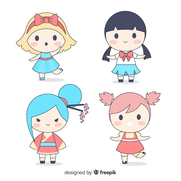 Colección chicas kawaii dibujados a mano