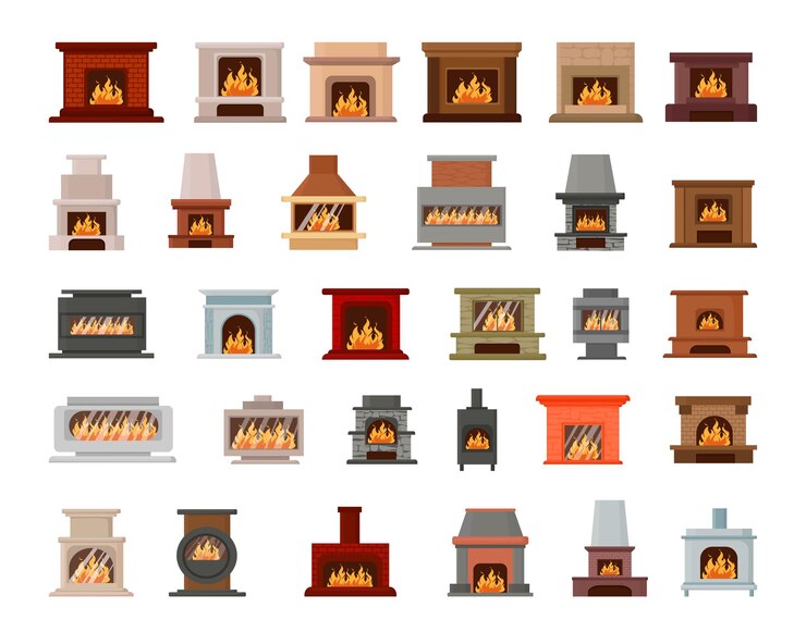 Vector colección de chimeneas caseras con fuego.