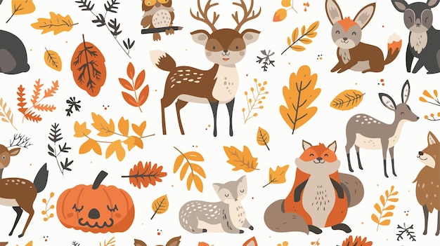 una colección de ciervos lindos y hojas de otoño