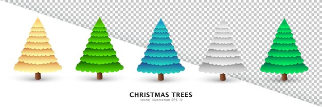 Colección de cinco árboles de Navidad brillantes de dibujos animados. Pino de Navidad dorado, verde, azul y plateado esponjoso