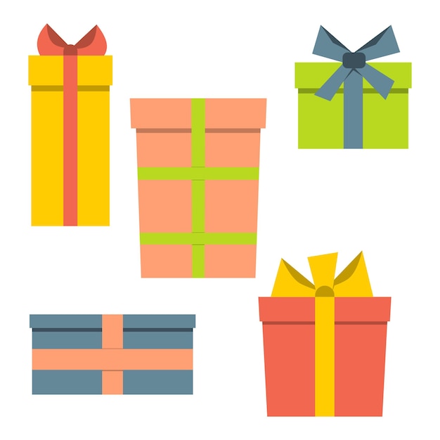 Colección de cinco cajas de regalo multicolores. ilustración vectorial