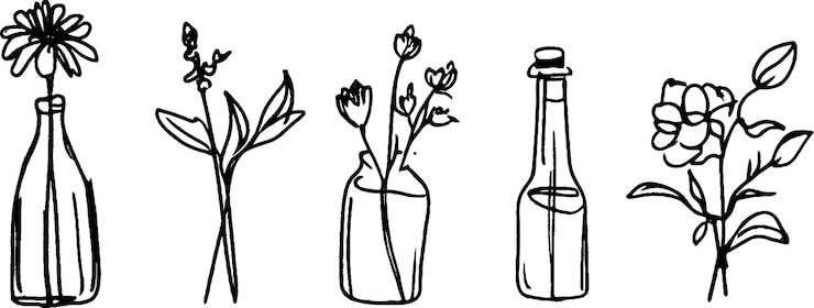 Vector una colección de cinco dibujos de líneas simples con varias flores en diferentes tipos de botellas