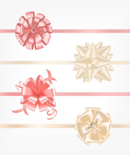 Vector colección de cintas de raso rosa y beige decoradas con lazos