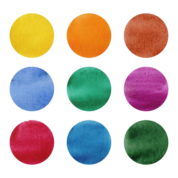 Colección de círculos coloridos de acuarela Colección de circulos de manchas de arco iris Ilustración vectorial aislada