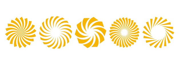 Colección de círculos de rayos de sol rizados dorados Elementos giratorios radiales estilizados Ronda geométrica amarilla