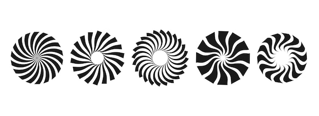 Colección de círculos de rayos de sol de rizo blanco y negro Elementos giratorios radiales estilizados Ronda geométrica