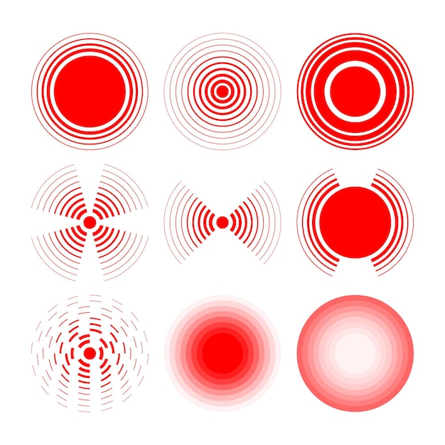 Colección de círculos rojos del dolor Señal de localización del dolor y señalamientos Anillos rojos Símbolos para uso médico