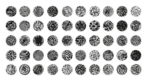 Colección de círculos texturizados. Fondos negros abstractos con eclosión.