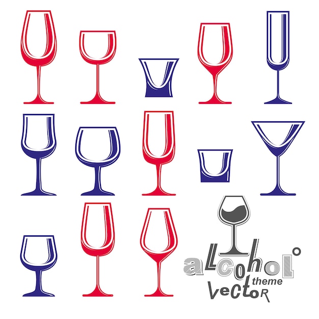 Colección clásica de copas vectoriales: martini, copa de vino, coñac y whisky. Ilustraciones del tema del alcohol. Elementos de diseño gráfico de estilo de vida, juego de gafas simples.