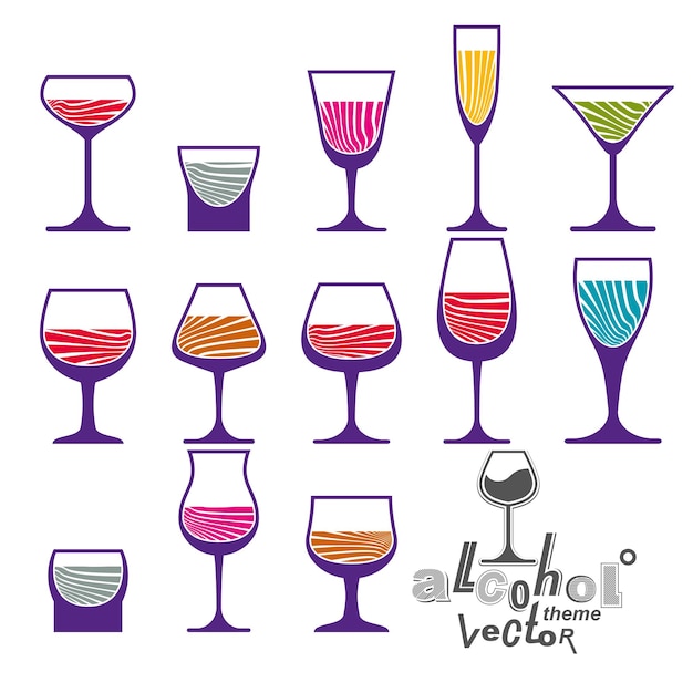 Vector colección clásica de copas vectoriales: martini, copa de vino, coñac y whisky. ilustraciones del tema del alcohol. elementos de diseño gráfico de estilo de vida, juego de gafas simples.