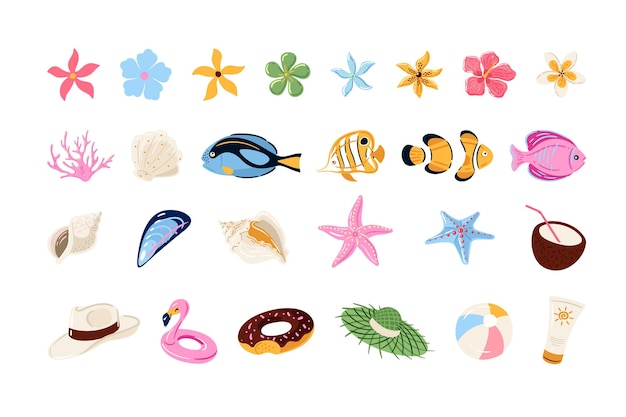 Colección de clip art vectorial de verano flores conchas marinas peces playa y artículos tropicales ilustraciones vectoriales de verano aisladas en blanco