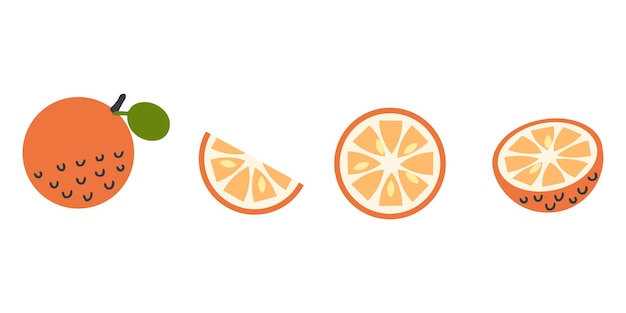 Colección de clipart de naranja vectorial plana y rebanadas en estilo retro Arte perfecto para pegatinas carteles de venta de etiquetas de carteles Ilustración dibujada a mano para decoración y diseño