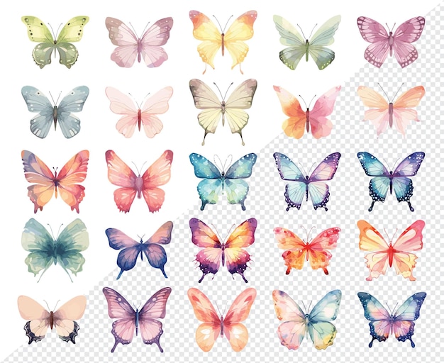 Vector colección de cliparts png de mariposa de acuarela vectorial en estilo de ilustración dibujada a mano en acuarela