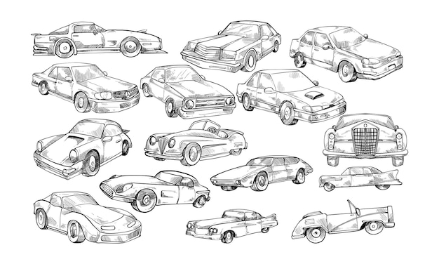 Colección de coches antiguos dibujados a mano.