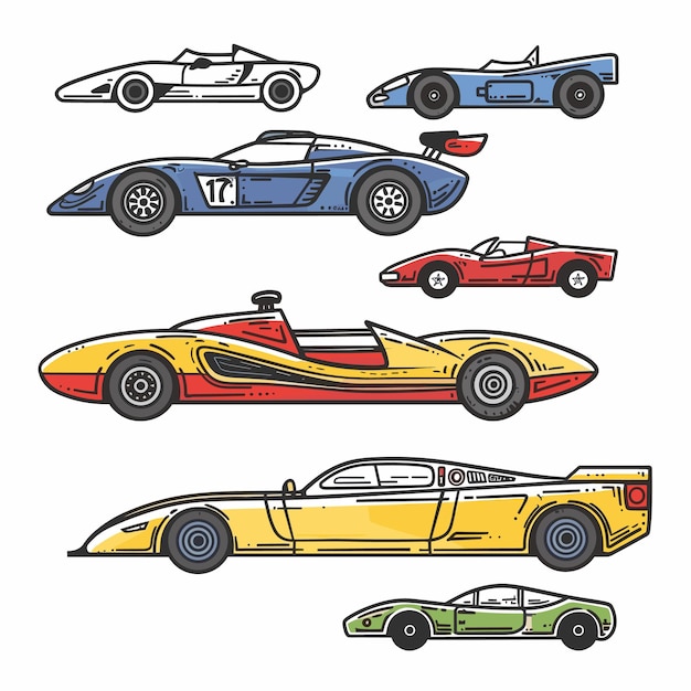 Vector colección de coches de carreras antiguos coloridos vehículos de carreras retro automóviles de velocidad clásicos