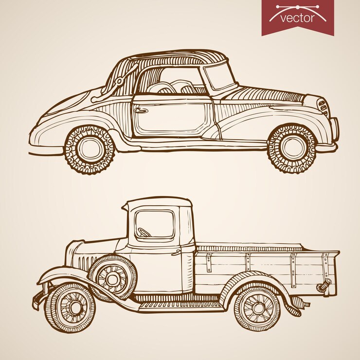 Vector colección de coches retro dibujados a mano vintage grabado. transporte sobre ruedas de dibujo a lápiz