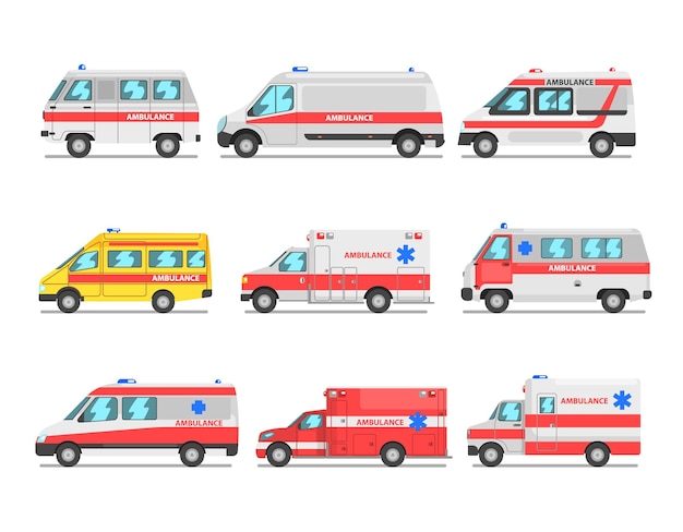 Colección de coches de servicio de ambulancia furgonetas médicas de emergencia vector ilustración aislada sobre un fondo blanco