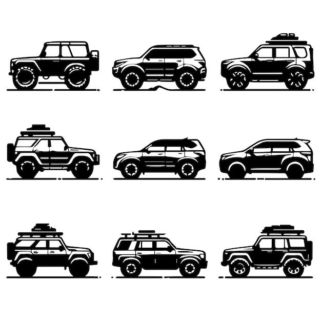 Colección de coches SUV con un estilo de silueta simple