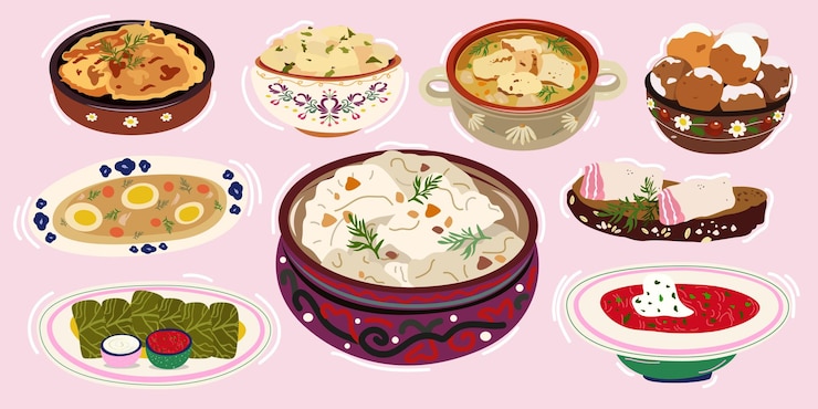 Vector colección de cocina tradicional ucraniana pegatinas de comida vectorial plana y linda