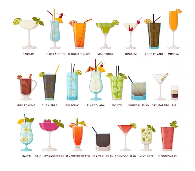 Colección de cócteles Bebidas alcohólicas clásicas y tropicales, tragos largos y tragos. ilustración.