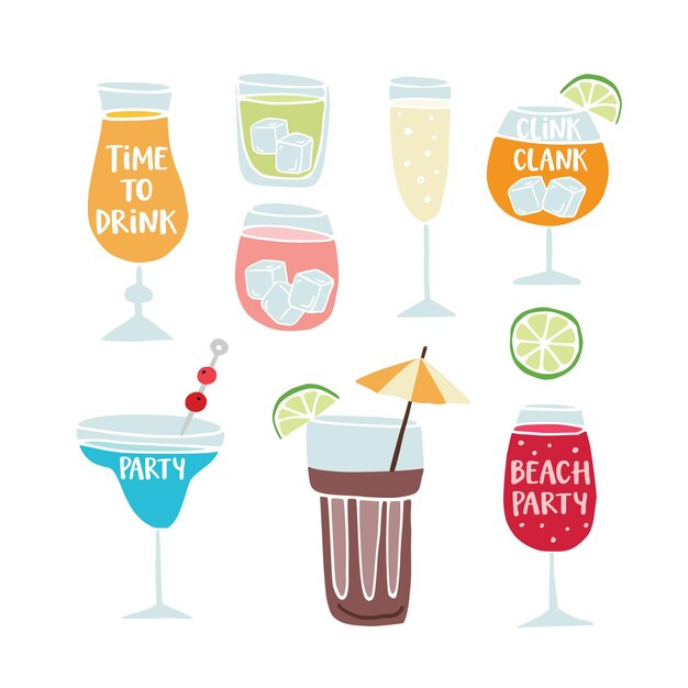 Colección de cócteles de bebidas alcohólicas dibujadas a mano con citas de letras Fiesta de playa de aniversario de vacaciones de verano y concepto de celebración Iconos de objetos vectoriales aislados