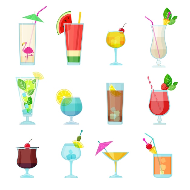 Colección de cócteles. Verano alcohólico bebe comida líquida en vasos mojito vodka sambuca martini vector set. Cóctel de martini y mojito, ilustración de alcohol líquido