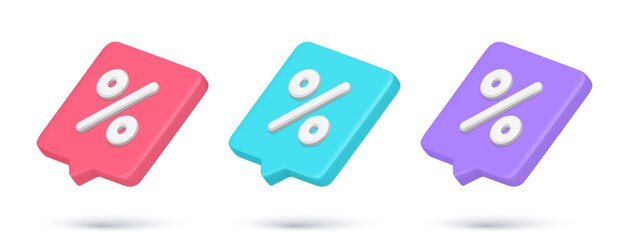 Colección colocada en diagonal símbolo matemático de porcentaje plantilla de icono 3d ilustración vectorial realista Establecer precio de descuento de venta multicolor marketing digital notificación en línea porcentaje burbuja de voz