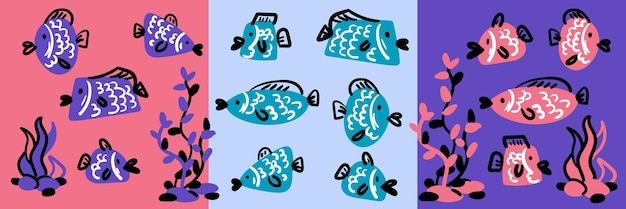 Una colección de colores vectoriales dibujados a mano peces lindos en un estilo plano conjuntos en diferentes colores vectorial