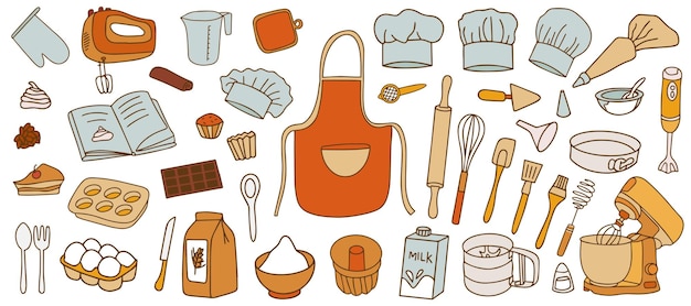 Colección colorida de accesorios para hornear Conjunto de accesorios de cocina para cocinar en estilo Doodle en vector de fondo blanco