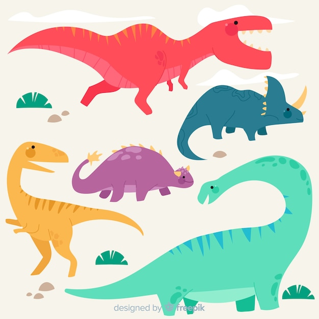 Colección colorida de dinosaurios en diseño plano