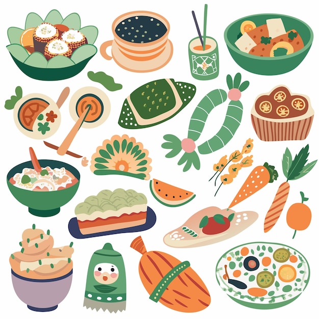 Colección colorida y diversa de varios platos bocadillos y postres perfectos para una comida festiva