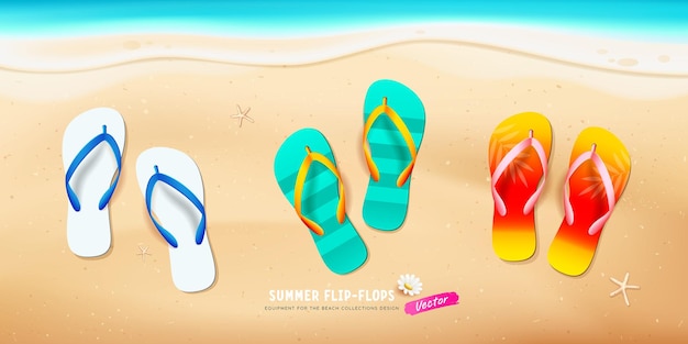 Colección colorida de flip flop de verano estrellas de mar en el fondo del diseño de la playa de arena