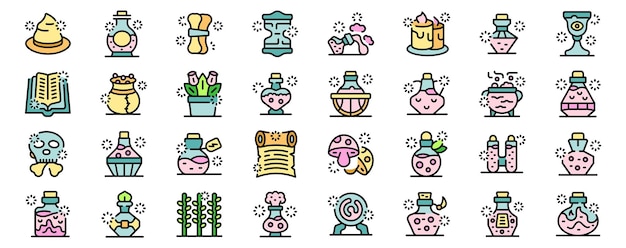 Colección colorida de iconos de alquimia y brujería que representan prácticas mágicas