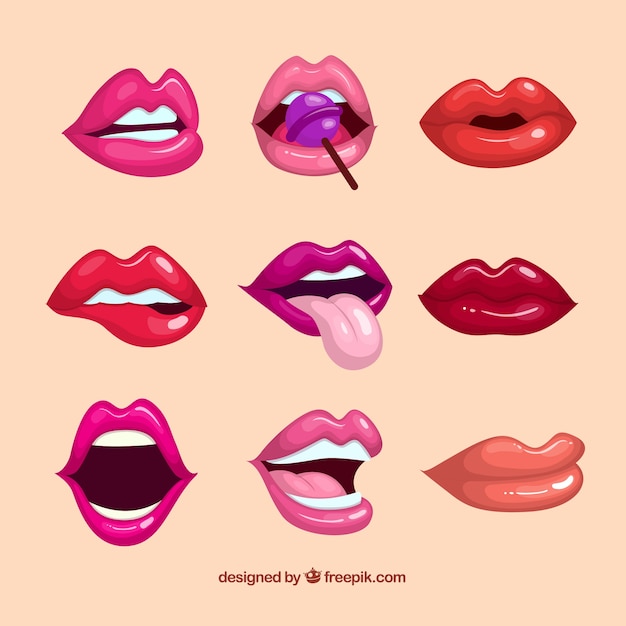 Vector colección colorida de labios con diseño plano