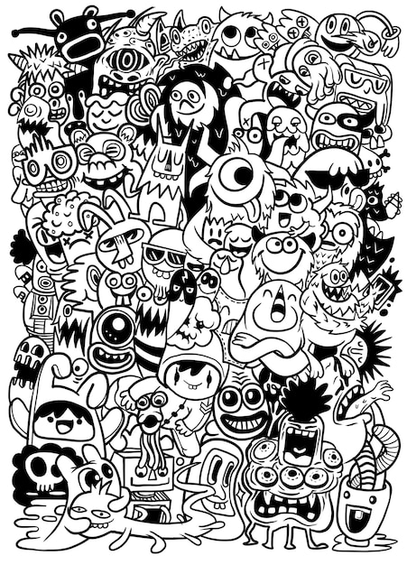 Colección colorida de monstruos y criaturas de dibujos animados que muestran expresiones lúdicas y únicas