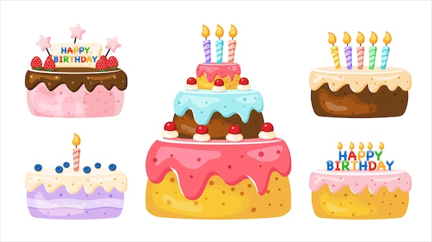 Colección colorida de pasteles de cumpleaños en ilustración vectorial