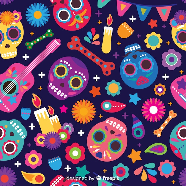 Colección colorida de patrones del día de muertos con diseño plano