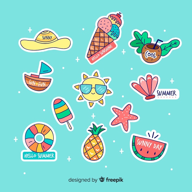 Colección colorida de pegatinas de verano dibujadas a mano