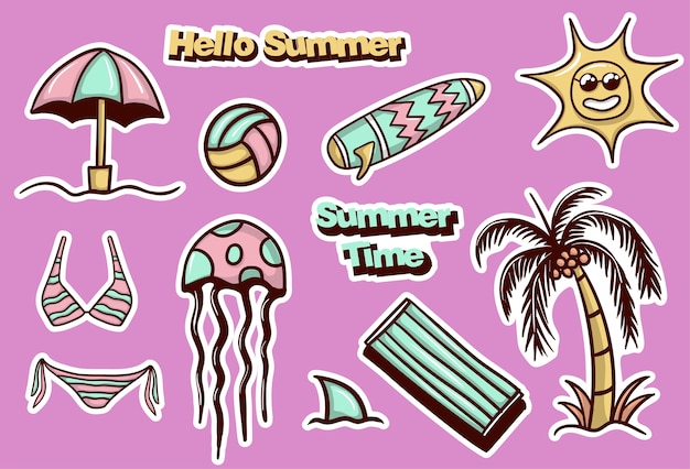 Colección colorida de pegatinas de verano dibujadas a mano