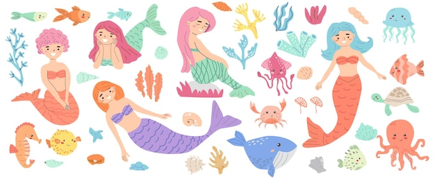 Colección colorida de sirenas y vida marina con elementos de coral y peces