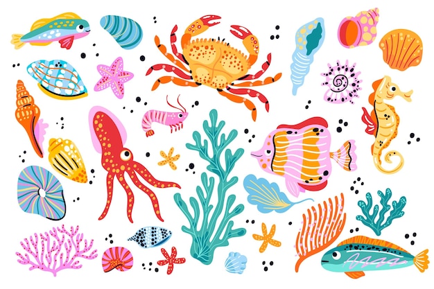 Colección de colorida vida marina peces cangrejo pulpo y más